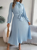 Women’s Long-Sleeve Pleated Midi Dress With Belted Waist 0