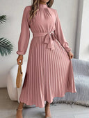Women’s Long-Sleeve Pleated Midi Dress With Belted Waist 6