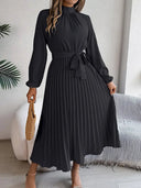 Women’s Long-Sleeve Pleated Midi Dress With Belted Waist 9