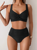 High-Waist Bikini Set with Wide Strap Top and Ruched Bottoms 0