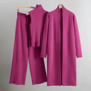 Women’s Three-Piece Lounge Set – Ribbed Knit Top, Wide-Leg Trousers & Longline Cardigan 3