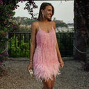 Women’s Spaghetti Strap Mini Dress With Fringe Detail And Feather Hem 7