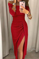 Women’s Off-Shoulder Midi Dress With Ruched Side Detail And Front Slit 2