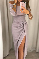 Women’s Off-Shoulder Midi Dress With Ruched Side Detail And Front Slit 6
