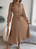 Women’s Long-Sleeve Pleated Midi Dress With Belted Waist 8