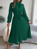 Women’s Long-Sleeve Pleated Midi Dress With Belted Waist 2