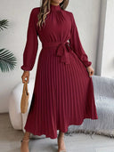 Women’s Long-Sleeve Pleated Midi Dress With Belted Waist 4
