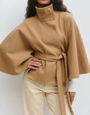 Women’s Short Cape Coat – Funnel Neck, Belted Waist, Cape Sleeves 1