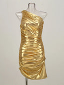 Gold One-Shoulder Evening Midi Dress 4