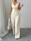 Women's Tailored Wide-Leg Cream Trouser Set – Elegant Waistcoat Cut 0