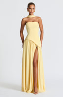 Women's Strapless Maxi Dress with High Slit and Asymmetric Waist 0