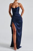 Women’s Navy Blue Evening Maxi Dress – Spaghetti Strap, High Slit, Ruched Waist 0