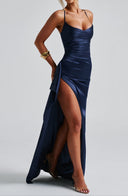 Women’s Navy Blue Evening Maxi Dress – Spaghetti Strap, High Slit, Ruched Waist 2