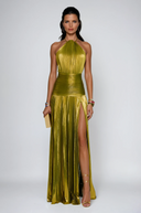 Metallic Pleated Halter Maxi Dress 0