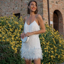 Women’s Spaghetti Strap Mini Dress With Fringe Detail And Feather Hem 0
