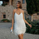 Women’s Spaghetti Strap Mini Dress With Fringe Detail And Feather Hem 1
