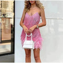 Women’s Spaghetti Strap Mini Dress With Fringe Detail And Feather Hem 6