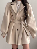 Women’s Puff Sleeve Belted Coat – Lapel Collar, Short Length 0