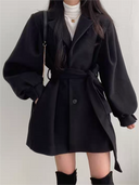 Women’s Puff Sleeve Belted Coat – Lapel Collar, Short Length 4