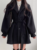 Women’s Puff Sleeve Belted Coat – Lapel Collar, Short Length 5
