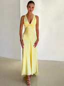 Women’s Satin Halter Neck Maxi Dress – Ruched Backless Evening Gown 0