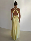 Women’s Satin Halter Neck Maxi Dress – Ruched Backless Evening Gown 1