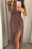 Women’s Off-Shoulder Midi Dress With Ruched Side Detail And Front Slit 4