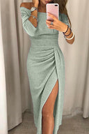 Women’s Off-Shoulder Midi Dress With Ruched Side Detail And Front Slit 5